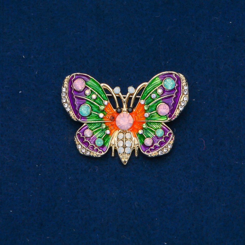 Sale! Butterfly Brooch Gold-Tone Metal, Enamel, Pink, Green and White Rhinestones 44x30mm +