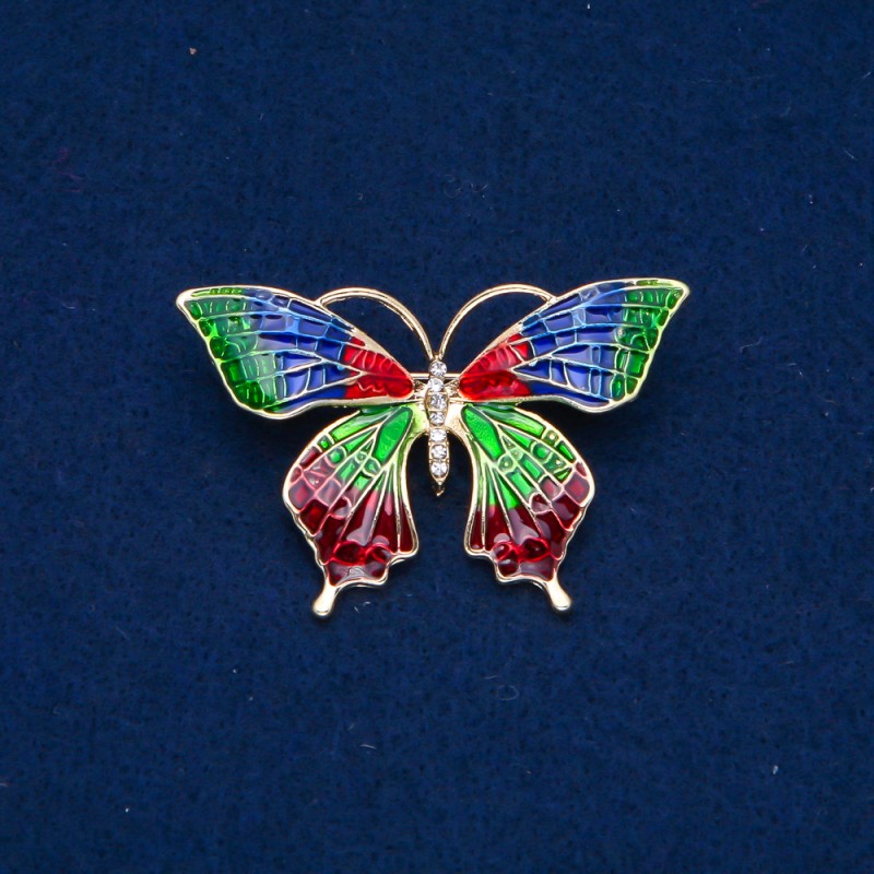 Sale! Butterfly Brooch Gold-Tone Metal, Enamel and White Rhinestones 30x50mm +