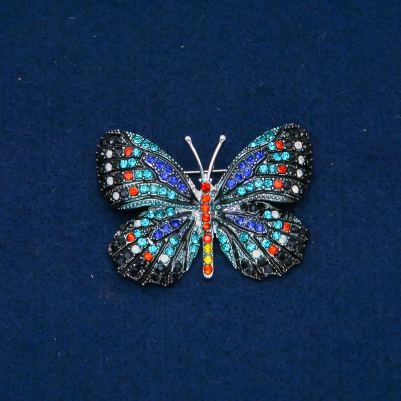 Sale! Butterfly Brooch Silver-Tone Metal, Multicoloured Rhinestones 35x50mm +