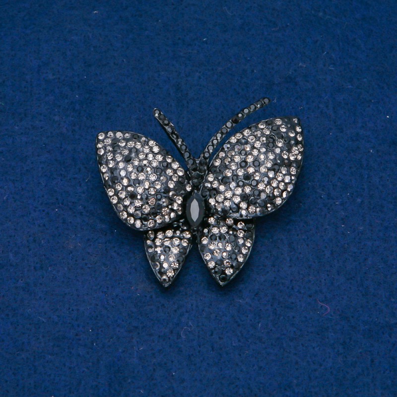Sale! Butterfly Brooch Silver-Tone Metal, Black and White Rhinestones 44x48mm +