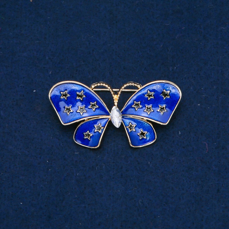 Sale! Butterfly Brooch Gold-Tone Metal, Enamel and White Rhinestone 48x24mm +