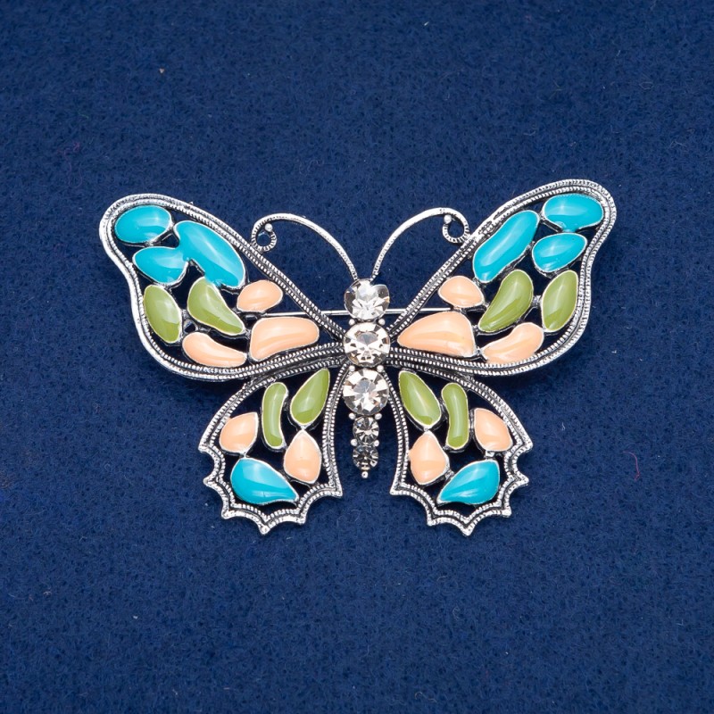 Sale! Butterfly Brooch Silver-Tone Metal, Enamel and White Rhinestones 48x70mm +