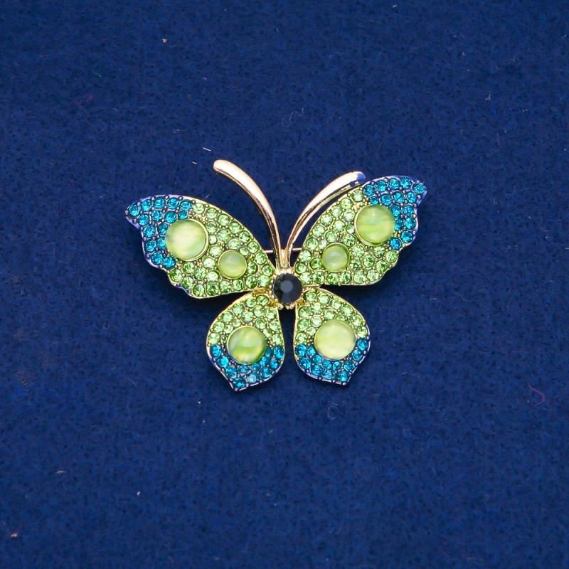 Sale! Butterfly Brooch Gold-Tone Metal, Green and Blue Rhinestones, Beads 34x50mm +