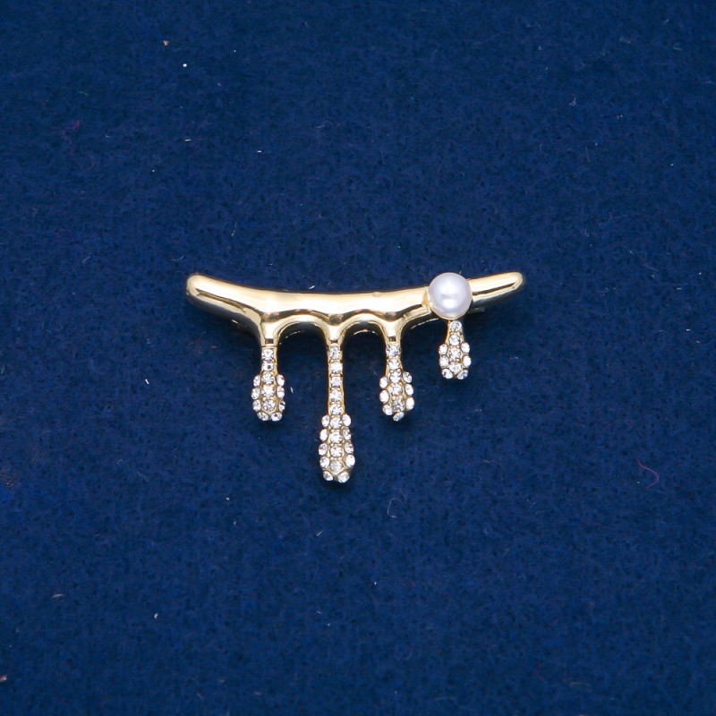 Brooch Gold-Tone Metal, White Rhinestones and Bead 43x28mm +