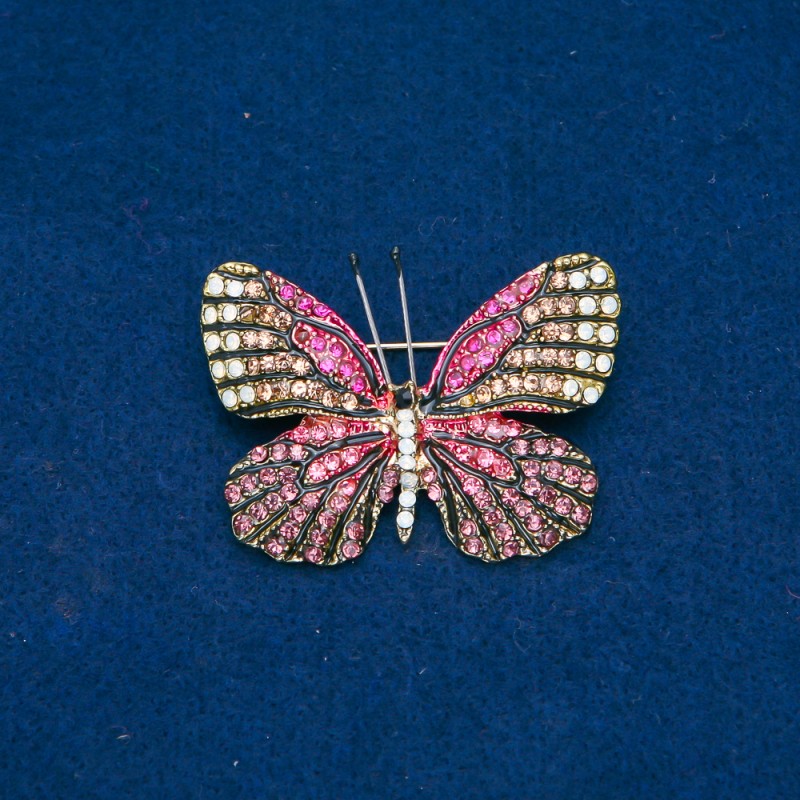 Sale! Butterfly Brooch Gold-Tone Metal, Pink, Gold and White Rhinestones 38x47mm +