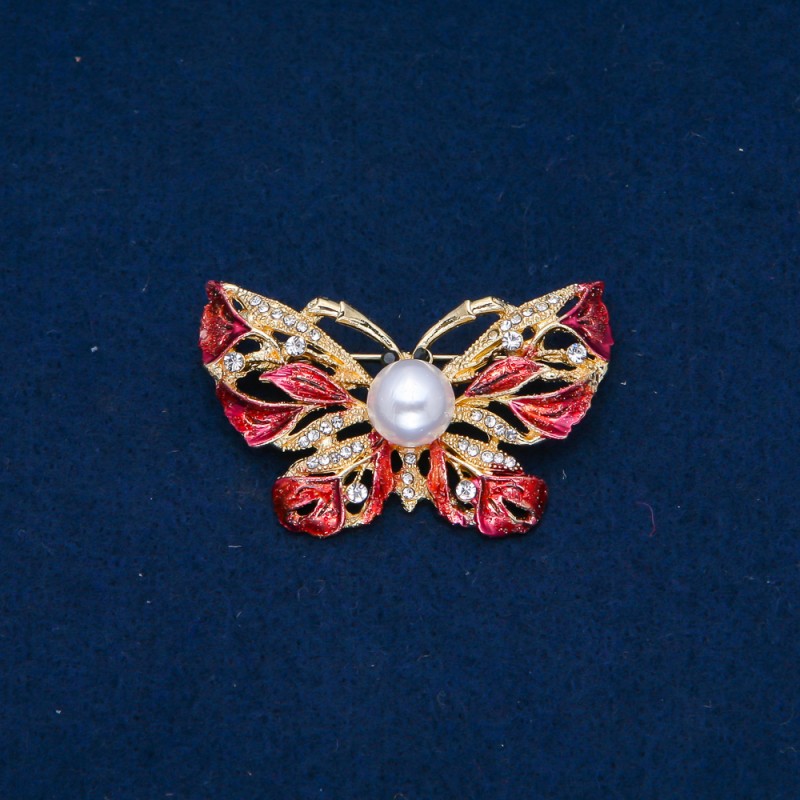 Sale! Butterfly Brooch, Gold-tone Metal, Red Enamel, White Rhinestones and Bead 46x30mm +