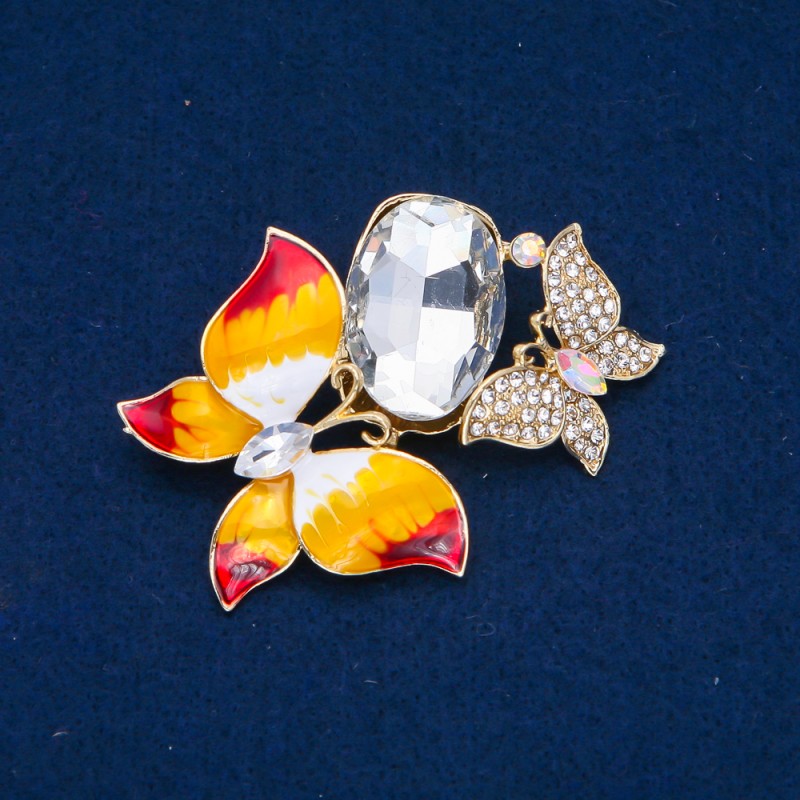 Butterflies Brooch, Gold-tone Metal, White Rhinestones, Enamel and White Crystal 47x63mm +
