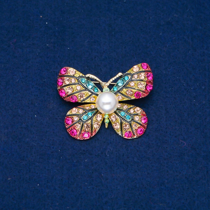 Sale! Butterfly Brooch, Gold-tone Metal, Multicoloured Rhinestones and Bead 33x42mm +