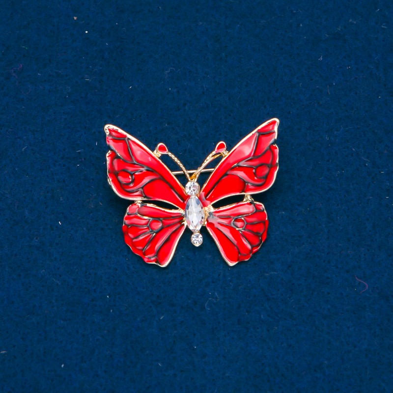 Sale! Butterfly Brooch, Gold-tone Metal, Red Enamel and White Crystals 32x37mm +