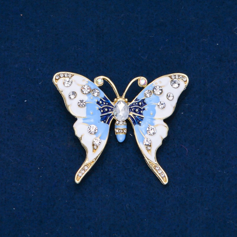 Sale! Butterfly Brooch, Gold-tone Metal, Enamel, White and Petrol Rhinestones 52x42mm +