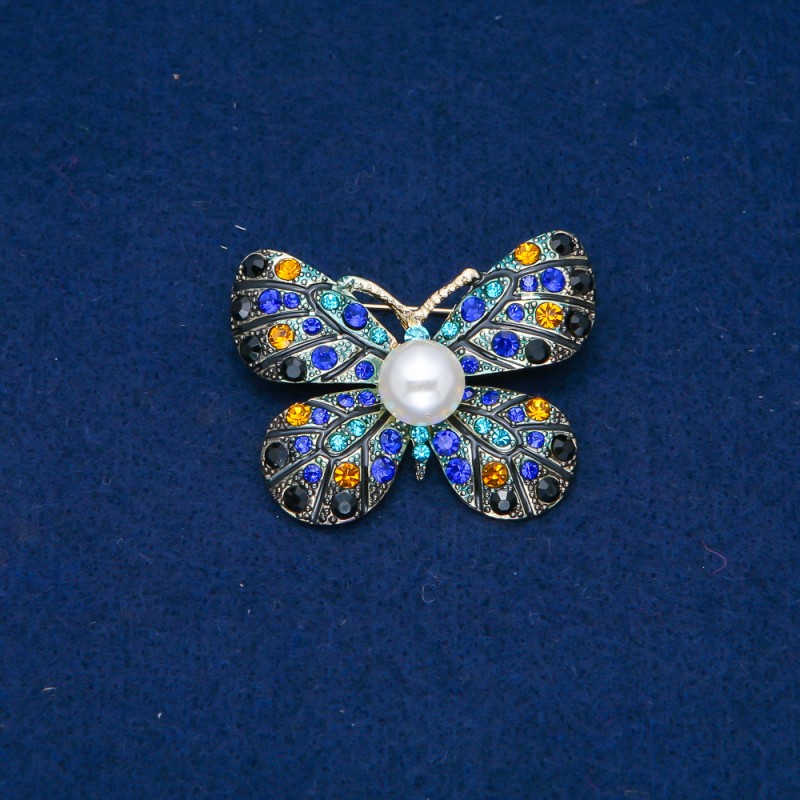 Sale! Butterfly Brooch, Gold-tone Metal, Yellow, Blue and Black Rhinestones and Bead 32x42mm +