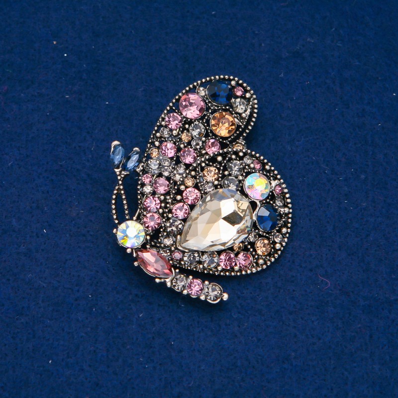 Sale! Butterfly Brooch, Gold-tone Metal, Multicoloured Rhinestones and Crystals 43x48mm +