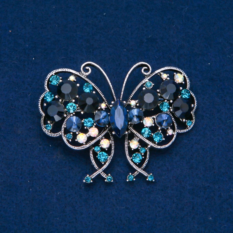 Sale! Butterfly Brooch, Silver-tone Metal, Blue, White and Petrol Rhinestones 61x48mm +