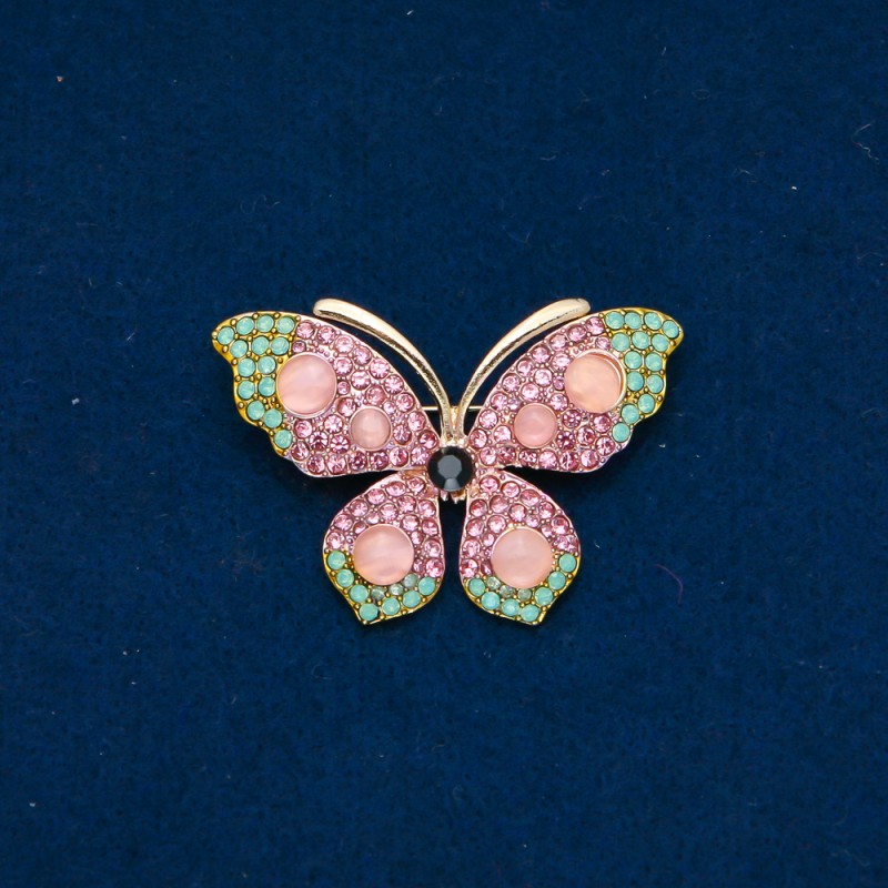 Sale! Butterfly Brooch, Gold-tone Metal, Pink and Turquoise Rhinestones and Pink Beads 34x48mm +