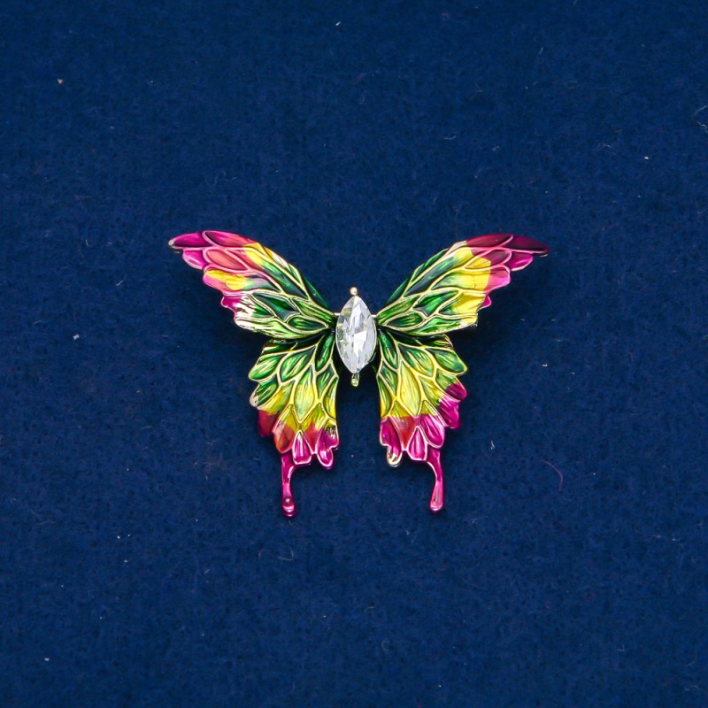 Sale! Butterfly Brooch, Gold-tone Metal, Enamel and White Crystal 38x50mm +