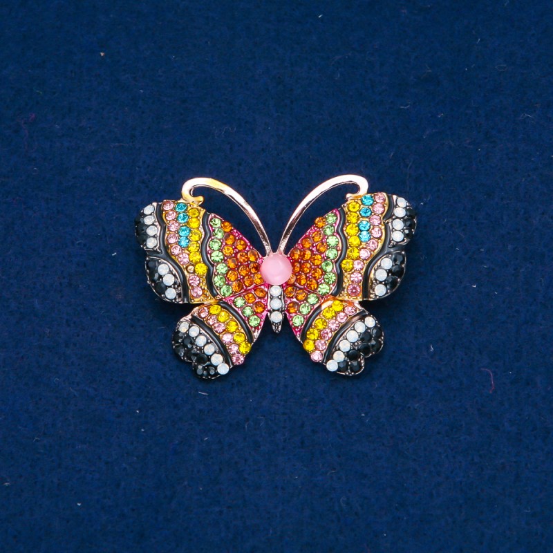 Sale! Butterfly Brooch, Gold-tone Metal, Multicoloured Rhinestones and Bead 34x45mm +