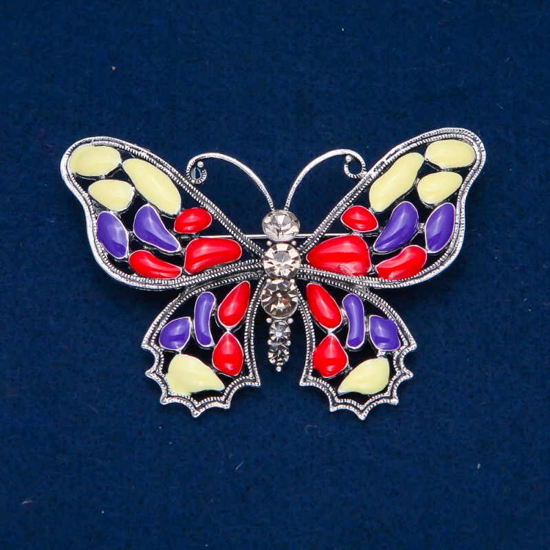 Sale! Butterfly Brooch Silver-Tone Metal, Enamel and White Rhinestones 48x70mm +