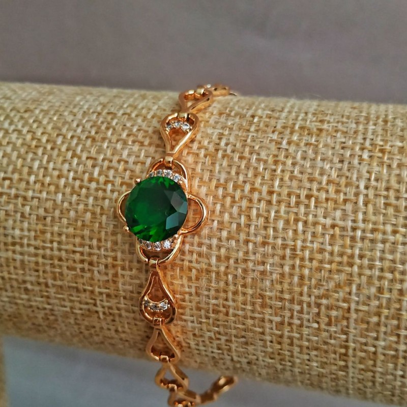 Xuping Bracelet 18K Gold Plating with White Rhinestones and Green Crystal, length 16-17cm, thickness 6mm +