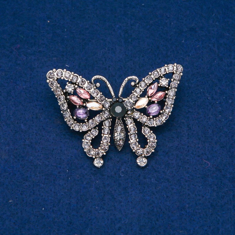Sale! Butterfly Brooch dark gold-tone metal, grey, purple, pink and yellow rhinestones 38x52mm +