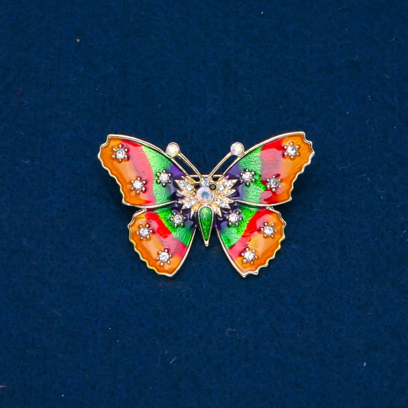 Sale! Butterfly Brooch gold-tone metal, enamel and white petrol rhinestones 30x44mm +