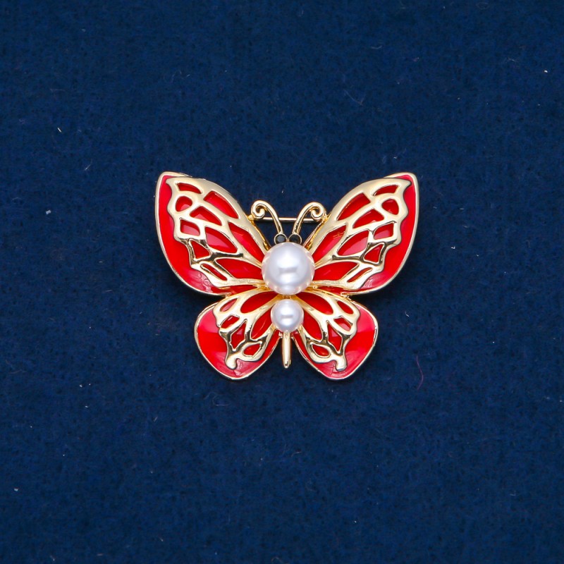 Sale! Butterfly Brooch gold-tone metal, enamel and beads 30x40mm +