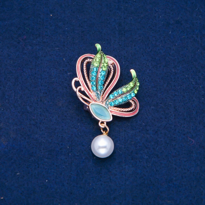 Sale! Butterfly Brooch gold-tone metal, enamel, bead and green and blue rhinestones 35x40mm +