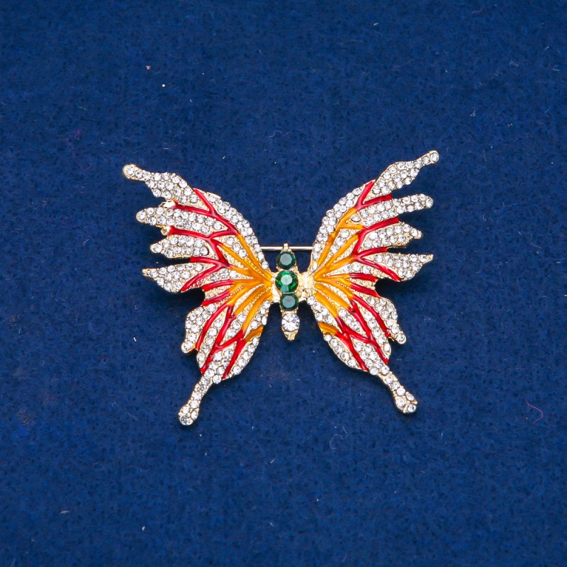 Sale! Butterfly Brooch Gold-Tone Metal, Enamel and White and Green Rhinestones 42x50mm +