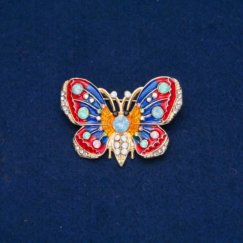 Sale! Butterfly Brooch gold-tone metal, enamel and white, blue, lime green, pink rhinestones 30x45mm +