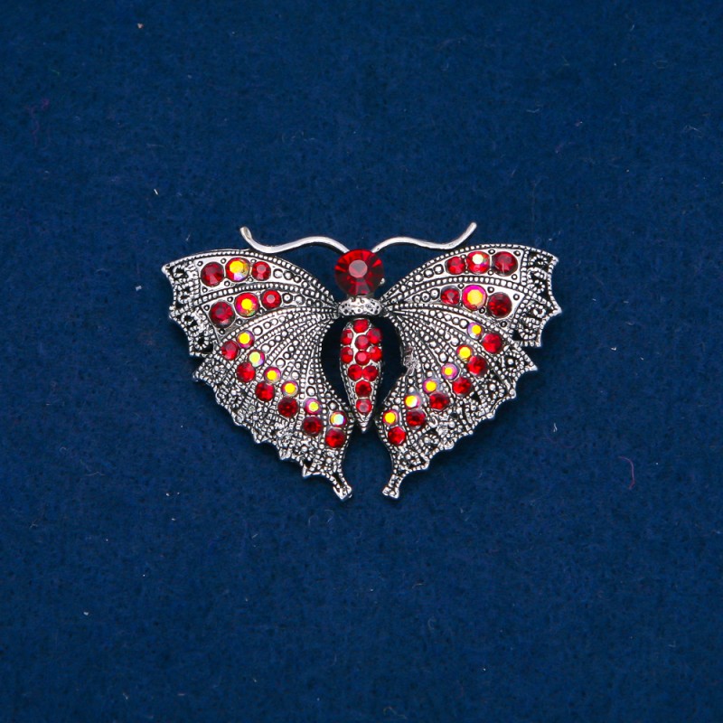 Sale! Butterfly Brooch silver-tone metal, burgundy and petrol rhinestones 35x50mm +