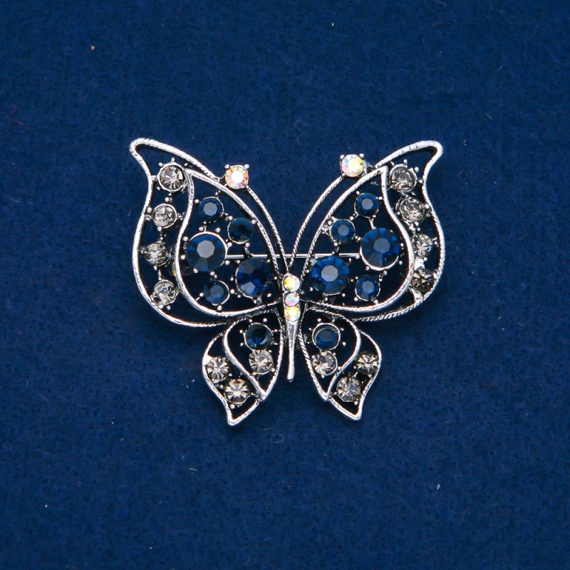 Sale! Butterfly Brooch silver-tone metal, dark blue, grey, white and petrol rhinestones 46x52mm +