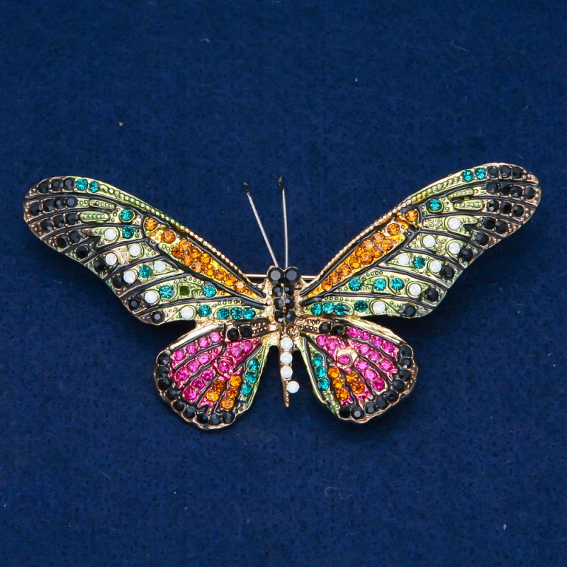 Sale! Butterfly Brooch Gold-Tone Metal, Multicolour Rhinestones 42x82mm +