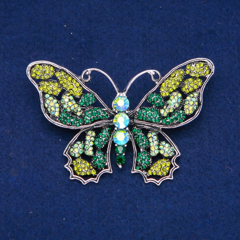 Sale! Butterfly Brooch Silver-Tone Metal, Green, Lime and Petrol Rhinestones 48x71mm +