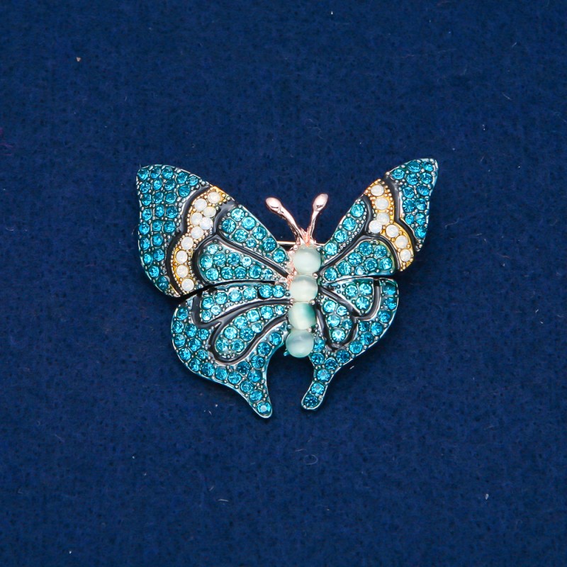 Sale! Butterfly Brooch Gold-Tone Metal, Blue and White Rhinestones and Beads 37x45mm +