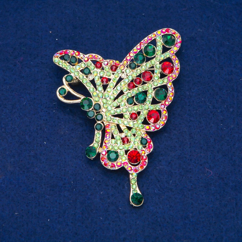 Sale! Butterfly Brooch with lime, green, burgundy, and petrol crystals on gold-tone metal 75x50mm +