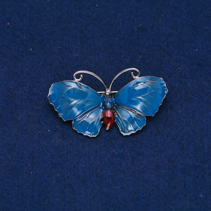 Sale! Brooch Butterfly Silver-tone Metal, Enamel, Blue Crystal 48x27mm +