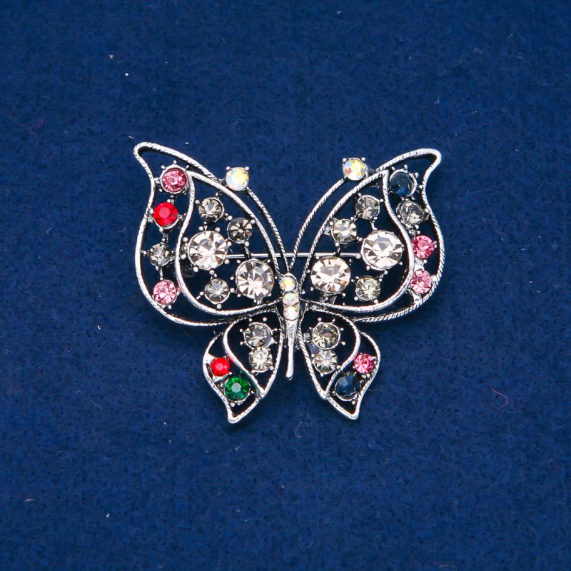Sale! Butterfly Brooch Silver-Tone Metal, Pink, Grey and Petrol Rhinestones 46x52mm +
