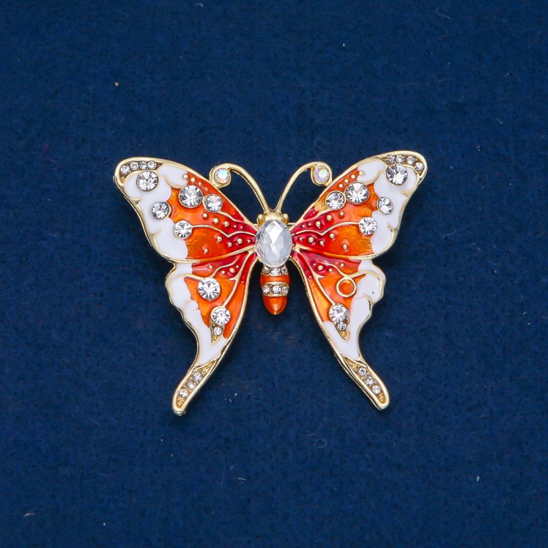 Sale! Butterfly Brooch Golden Metal, Enamel and White Rhinestones 43x52mm +