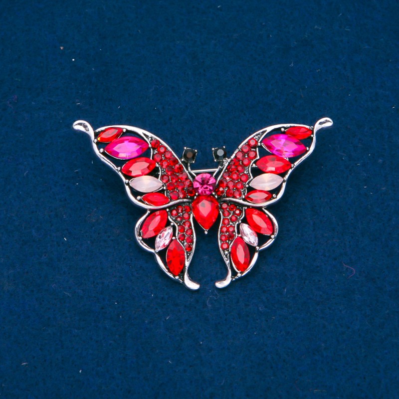 Sale! Silver-coloured butterfly brooch with red, pink and white rhinestones 37x60mm +