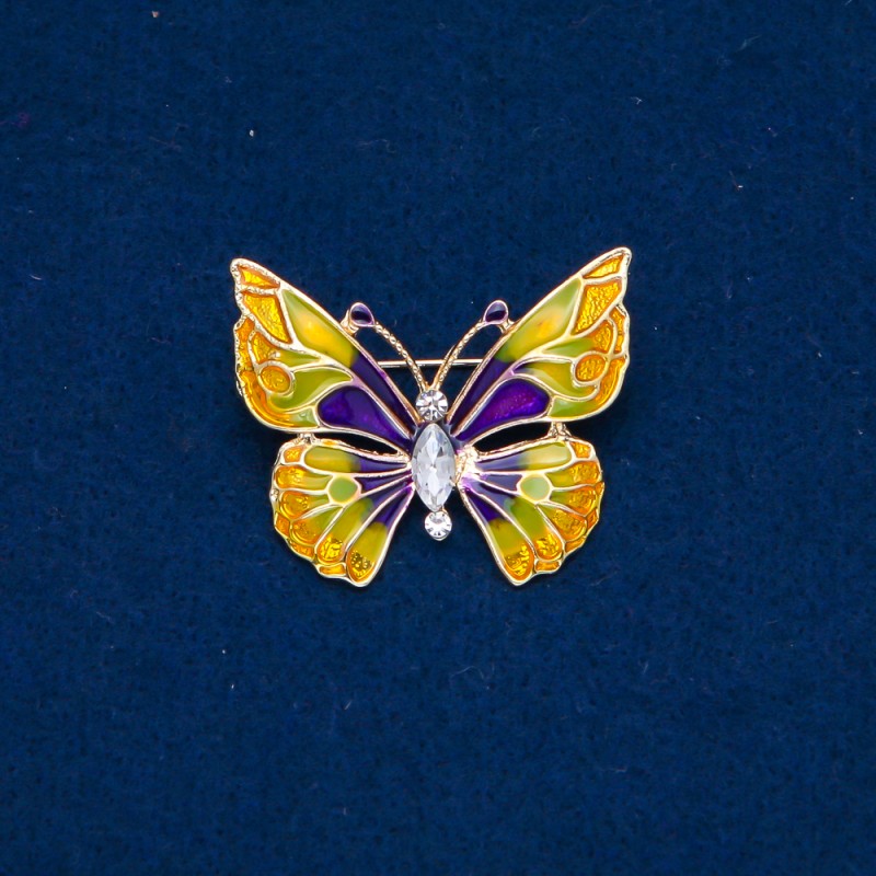 Sale! Butterfly Brooch, Gold-Tone Metal, Enamel and White Rhinestone, 37x30mm +