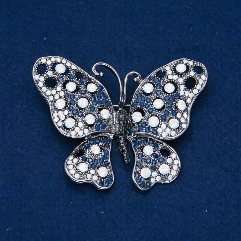 Sale! Butterfly Brooch, Dark Silver-Tone Metal, Black, Blue and White Rhinestones, 50x66mm +
