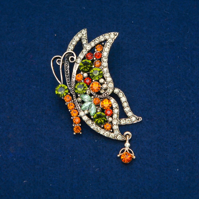 Sale! Butterfly Brooch, Gold-Tone Metal, Gold, Green and Yellow Rhinestones, 38x60mm +