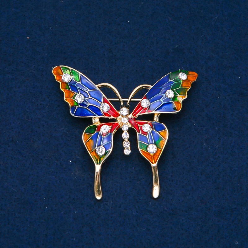 Sale! Butterfly Brooch, Gold-Tone Metal, Enamel and White Rhinestones, 48x54mm +