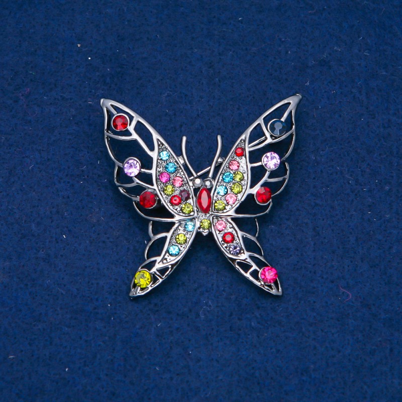 Sale! Butterfly Brooch, Dark Silver Metal, Multicolour Rhinestones 47x46mm +
