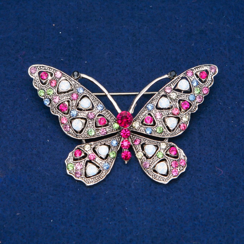 Sale! Butterfly Brooch, Gold-Tone Metal, Multicoloured Rhinestones, 46x70mm +