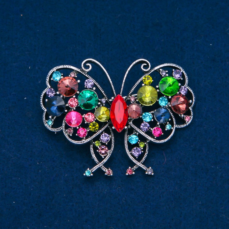 Sale! Butterfly Brooch, Silver-Tone Metal, Multicoloured Rhinestones, 48x60mm +