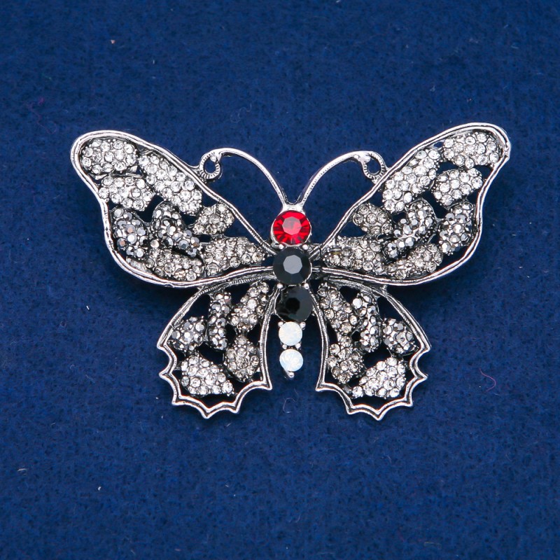 Sale! Butterfly Brooch, Silver Metal, Grey, White and Red Rhinestones 50x70mm +