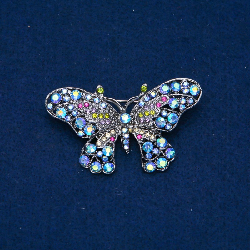 Sale! Butterfly Brooch, Dark Silver-Tone Metal, Multicolour Rhinestones 32x60mm +