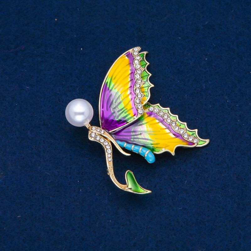 Sale! Butterfly Brooch, Gold-Tone Metal, Enamel, White Rhinestones and Bead, 53x44mm +