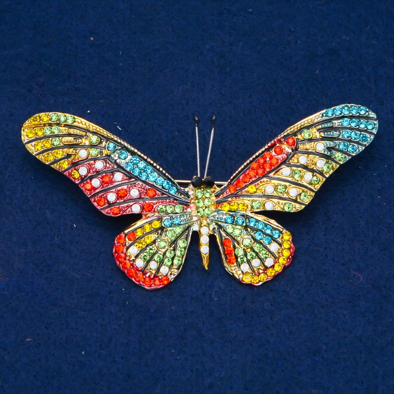 Sale! Butterfly Brooch, Gold-Tone Metal, Multicolour Rhinestones 43x82mm +