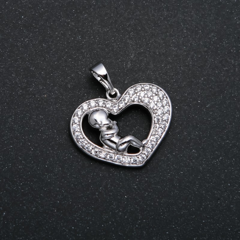 Xuping Rhodium Pendant Heart with Baby and White Rhinestones, diameter 23x21mm +